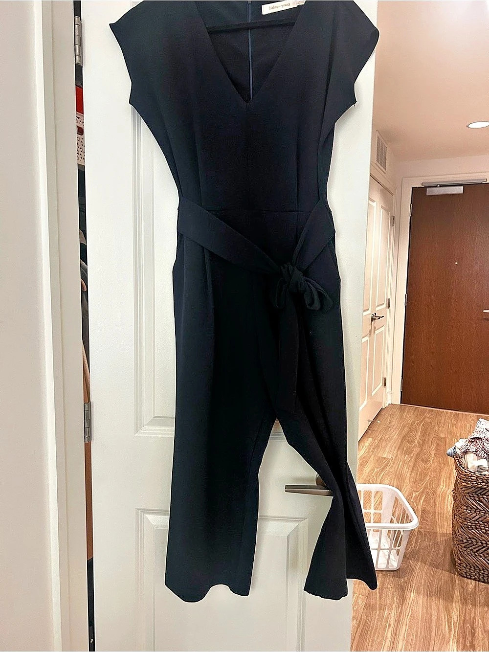 Bishop + Young Cap Sleeve Knit Jumpsuit Navy Tie-Waist